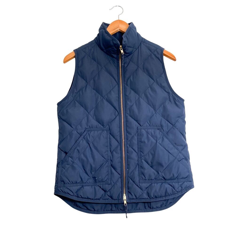 J Crew Women's Quilted Down Vest Sz S Navy Blue Full Zip‎ Pockets Basic Outdoor